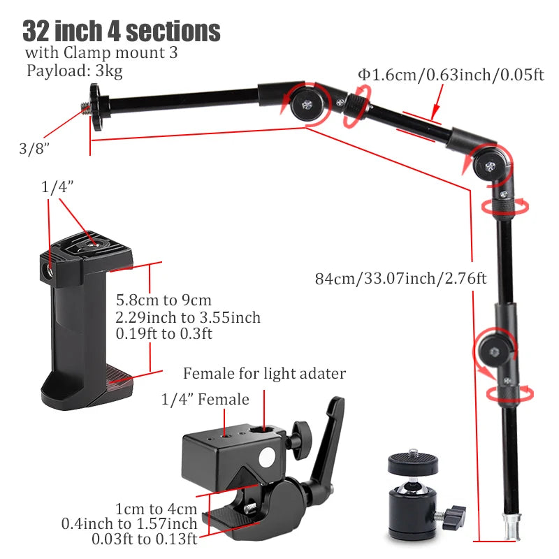 BFOLLOW Articulated Magic Arm 25" 32" Clamp Mount for DSLR Camera Camcorder Overhead Video Shooting Webcam Tablet Phone Bracket