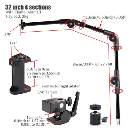 BFOLLOW Articulated Magic Arm 25" 32" Clamp Mount for DSLR Camera Camcorder Overhead Video Shooting Webcam Tablet Phone Bracket