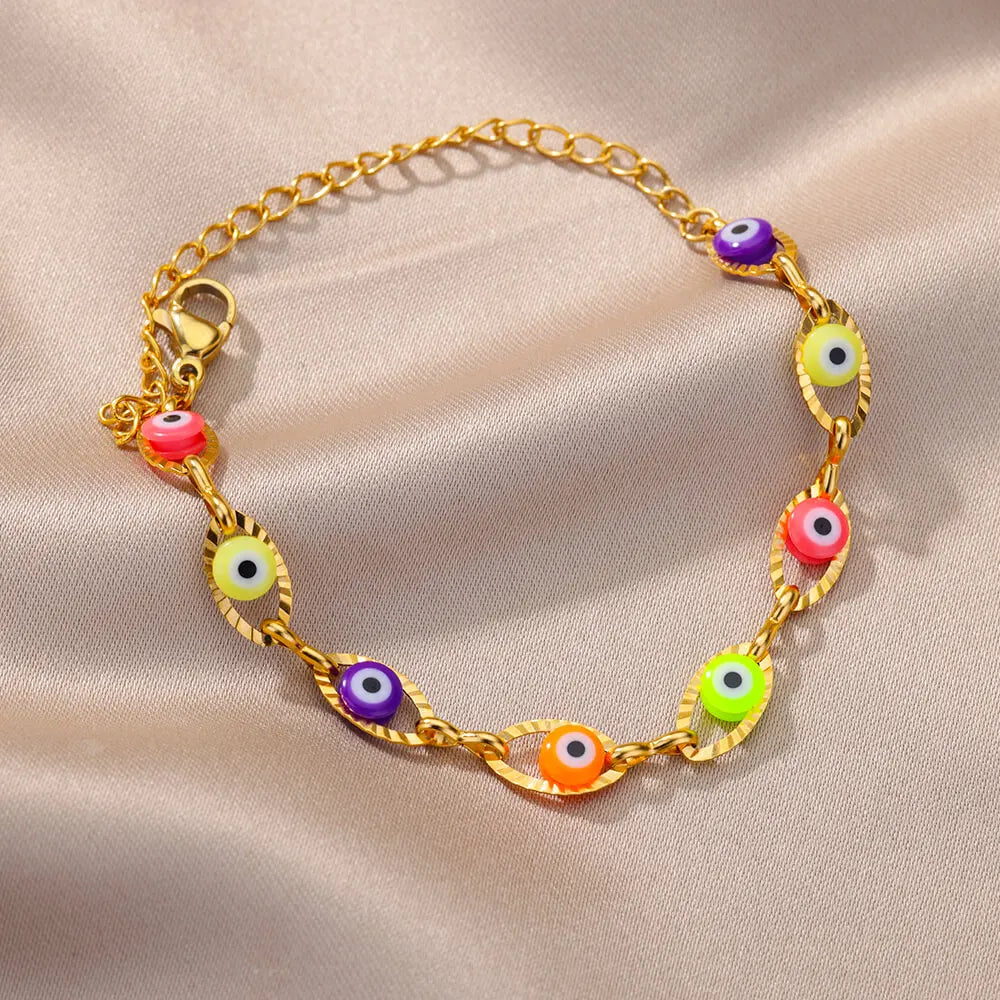 Gothic Rainbow Evil Eye Bracelets For Women Stainless Steel Gold Color Turkish Demon Chain Charm Bracelet Summer Beach Jewelry