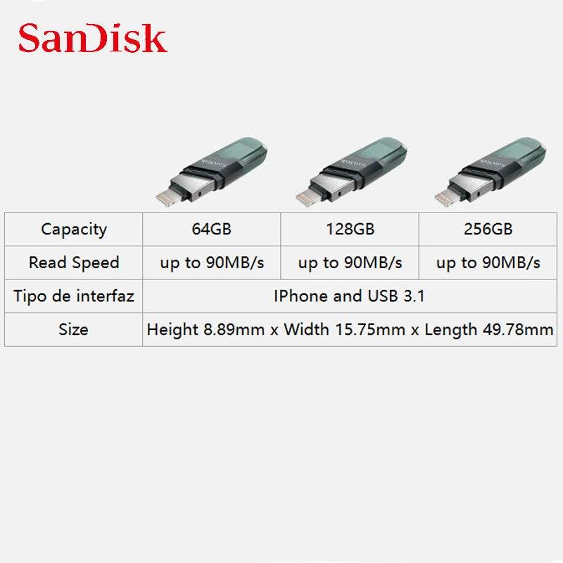 SanDisk USB Flash Drive iXpand Flip OTG Lightning USB 3.1 Stick 64GB 128GB 256GB Pen Drive MFi For iPhone & iPad and USB Type-A - MarvelouStoree