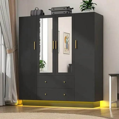 Wardrobe Closet with Mirrors and LED Lights, Bedroom Armoire with Drawers and Shelves, Modern Wooden Armoire Wardrobe - MarvelouStoree