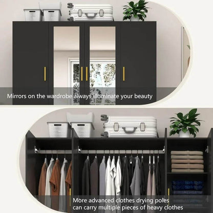 Wardrobe Closet with Mirrors and LED Lights, Bedroom Armoire with Drawers and Shelves, Modern Wooden Armoire Wardrobe - MarvelouStoree