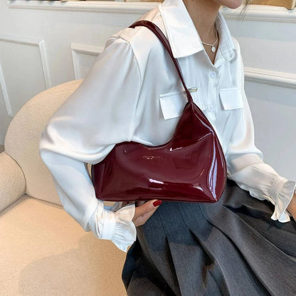 Designer Retro Wine Red Shoulder Bags for Women's Patent Leather Fashion Crescent Bag 2024 New French Small Handbag Ladies Totes