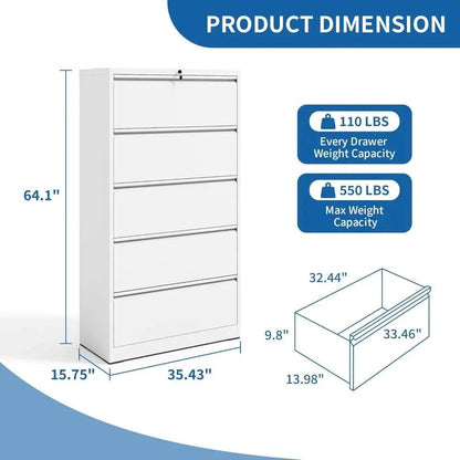 5 Drawer Lateral File Cabinet with Lock, File Cabinets for Home Office Legal/Letter A4 Size, File Cabinet with 5 Drawer Cabinet - MarvelouStoree