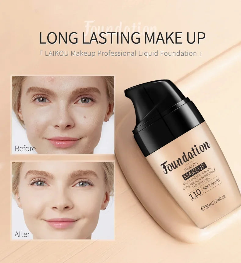 LAIKOU Liquid Foundation Moisturizing Long Lasting Face Comestics Natural Brighten Face Base Tone Make Up 30ml