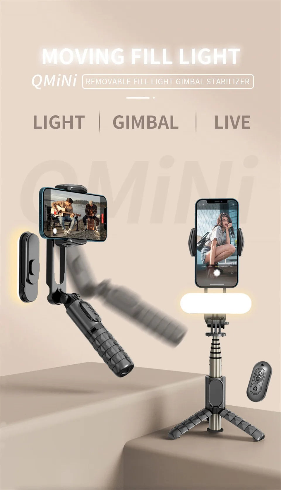 wireless Following the shooting Mode Gimbal Stabilizer Selfie Stick Tripod with Fill Light for iPhone Cell Phone Smartphone