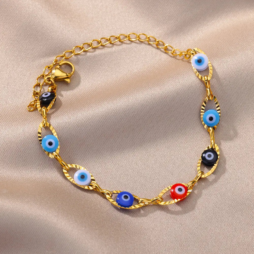 Gothic Rainbow Evil Eye Bracelets For Women Stainless Steel Gold Color Turkish Demon Chain Charm Bracelet Summer Beach Jewelry