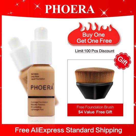 PHOERA 30ml Foundation Makeup 10 Colors Liquid Matte Moisturizer Face Base High Coverage Brighten Concealer Cream TSLM1