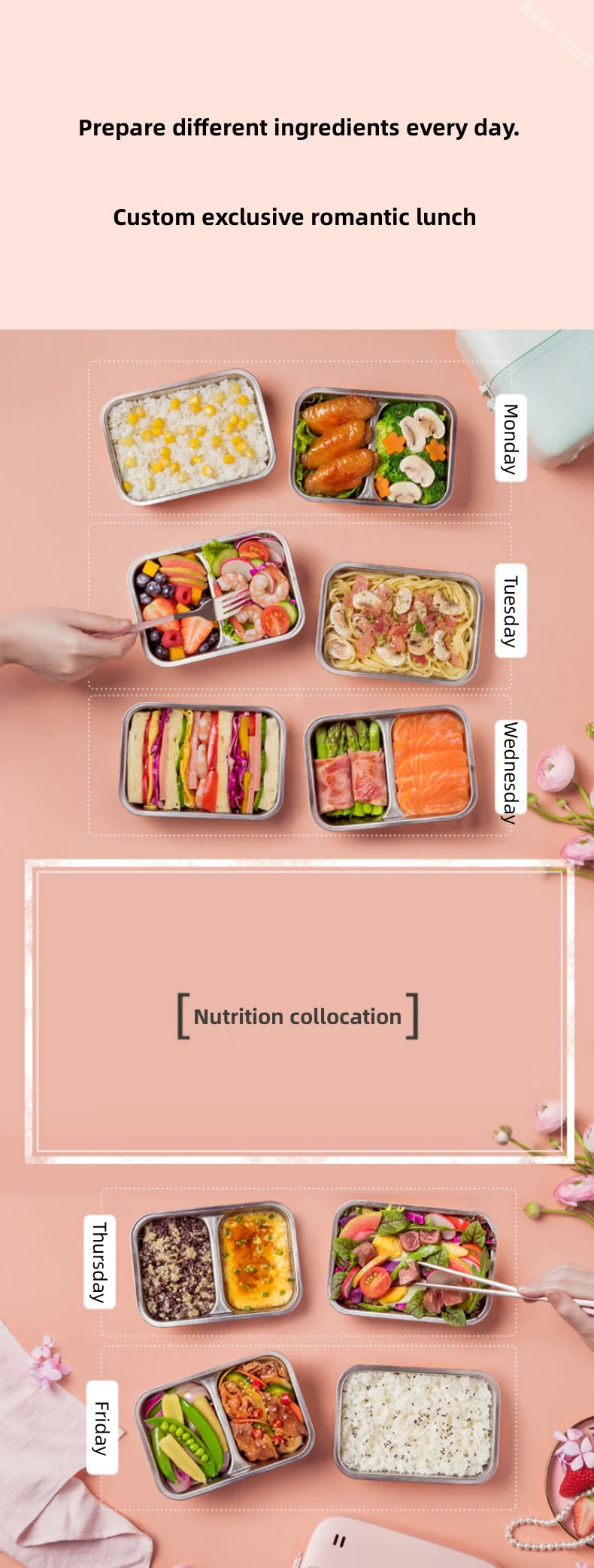 Bear Double-layer Electric Heating Lunch Box Portable Small Bento Heat Food Quickly Steamed Rice Cooked Vegetables Working Meal