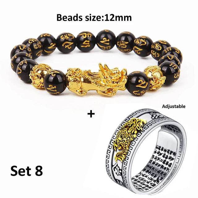 Unisex Men Pixiu Charms Ring Bracelet Chinese Feng Shui Amulet Wealth and Lucky Open Adjustable Ring Bead Bracelet - MarvelouStoree