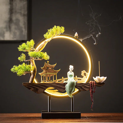 USB Light Ring Ornament LED Light Reflux Incense Burner Simulation Tree Ceramic Lotus Buddha Bead Home and Office Decoration