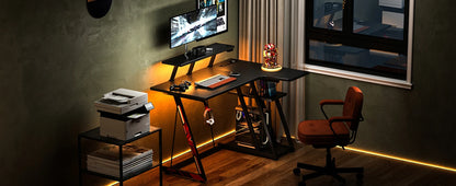 L Shaped Gaming Computer Desk with Storage Rack,Gaming Table with Monitor Stand,PC Gaming table,with Carbon Fiber Texture,Black