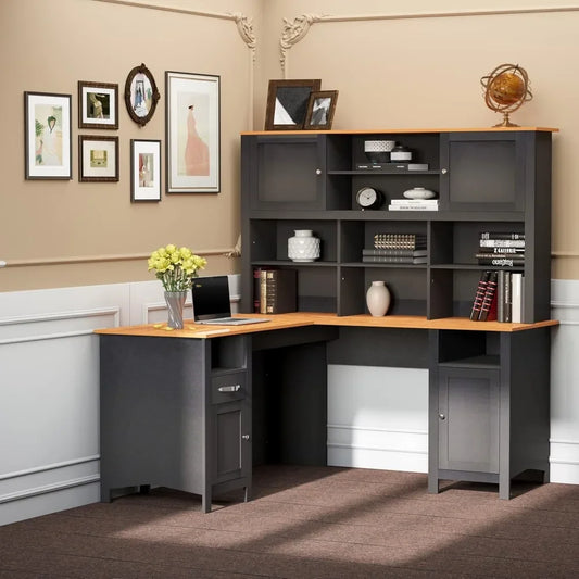 L Shaped Computer Desk with Hutch, 59" Corner Desk, Space Saving Home Office Desk with Storage Shelves, Drawer and Cabinet