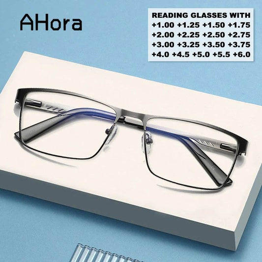 Ahora Men Square Metal Large Frame Reading Presbyopia Glasses Reader +1.25 1.5 1.75 2.0 2.25 2.5 2.75 3.0 3.5 4 4.5 5.0 5.5 6.0 - MarvelouStoree