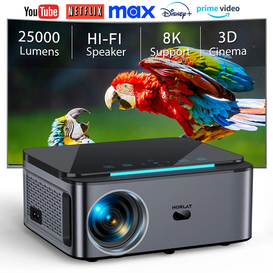 HORLAT 25000Lumens Android Beamer Projector Full HD 1080P 8K Video Auto Keystone Home Theater 5G WiFi Portable TV Proyector