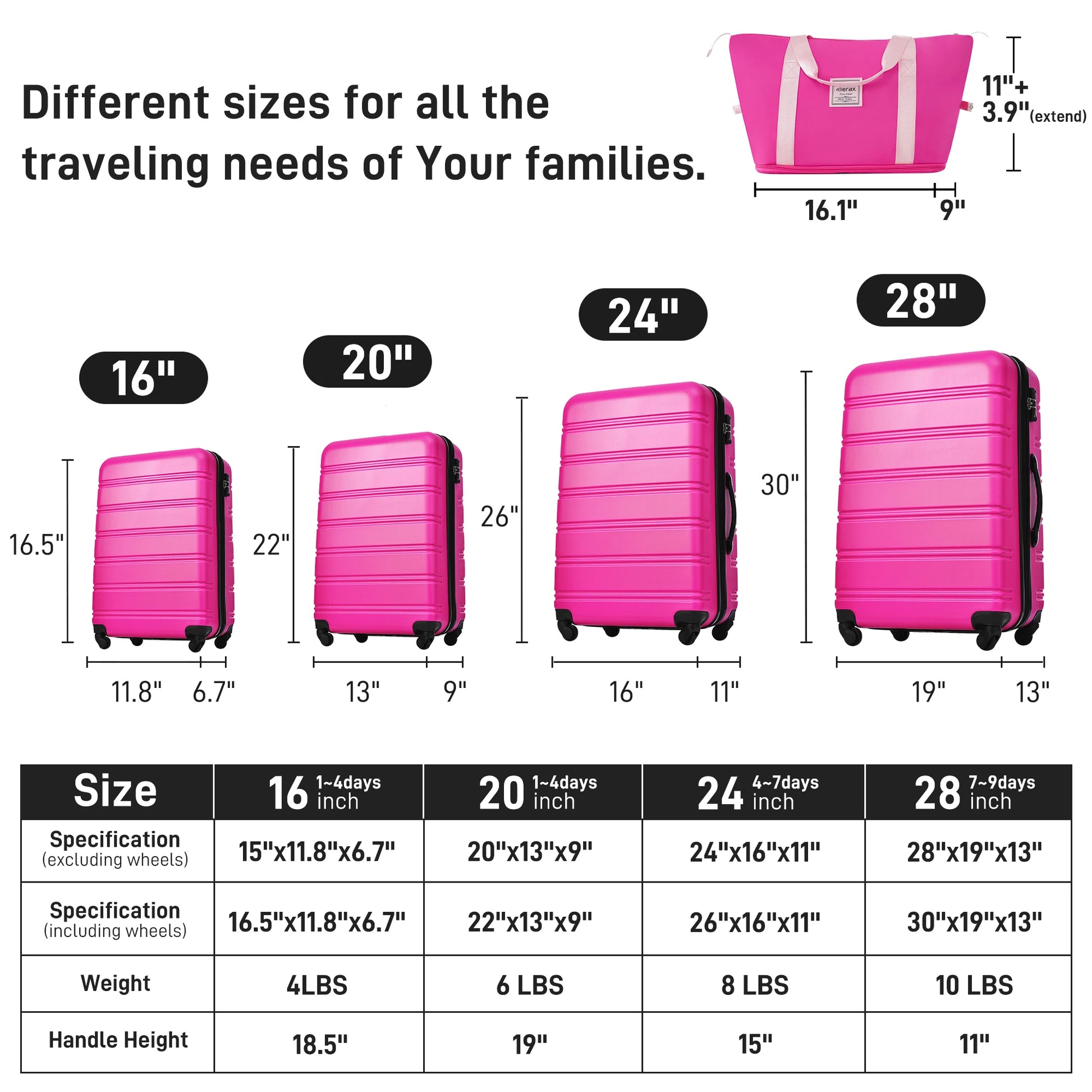 ZHUISHU Hardshell Luggage Sets 4 pcs with Bag Spinner Suitcase with TSA Lock Lightweight 16" 20" 24" 28" Luggages Travel Bags