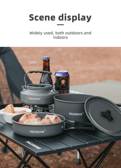 PACOONE Camping Cookware Set Portable Cookware Kit Outdoor Pot Cooking Water Kettle Pan Set Tableware Hiking Picnic Equipment