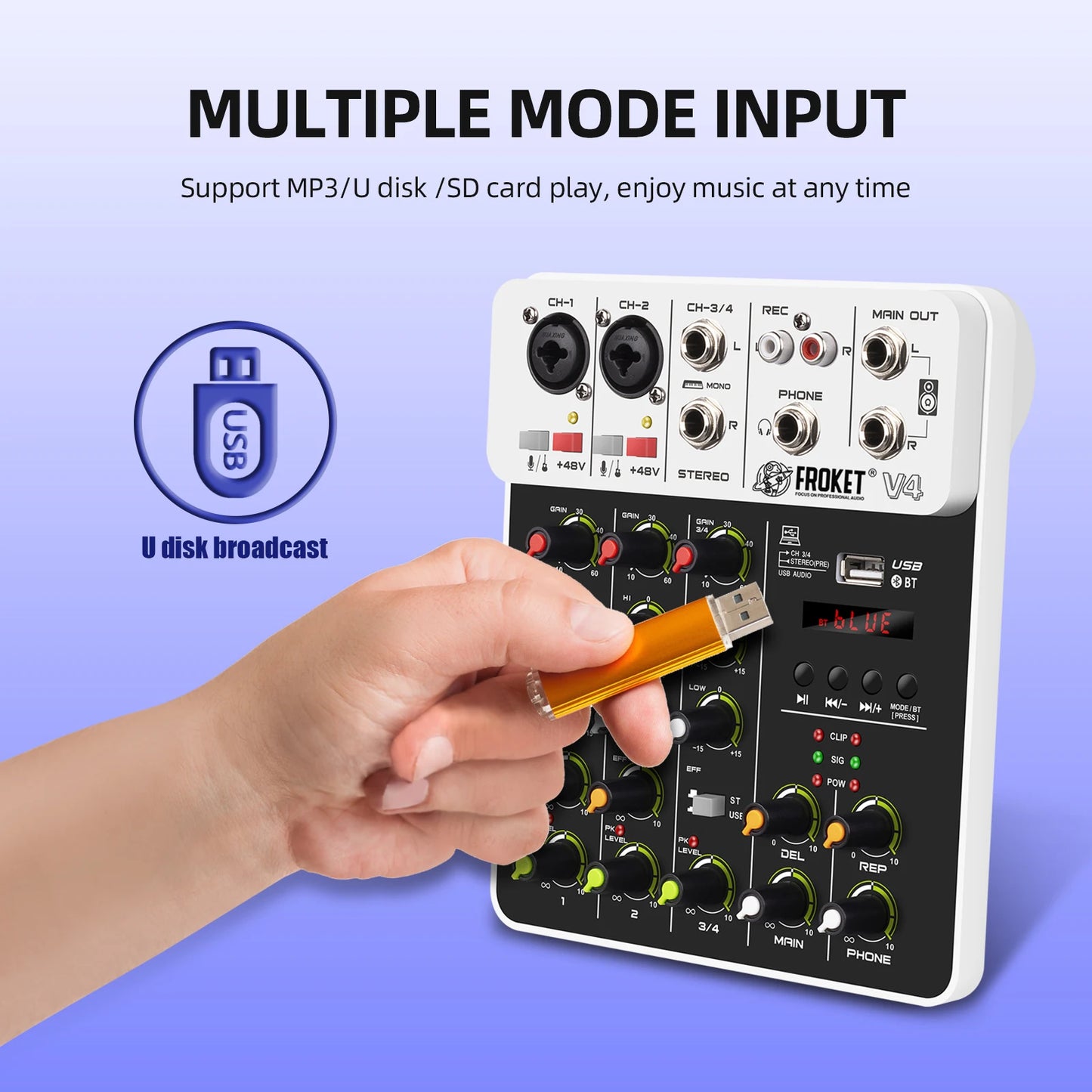 V4 Audio Interface Mixer with Bluetooth USB Recording Computer 48V Phantom Power Delay Replay Effects, 4-Channel Audio Mixer