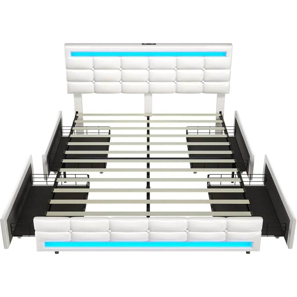 Queen bed frame with drawers, LED with charging station, with headboard and footboard, no spring mattress required, white - MarvelouStoree