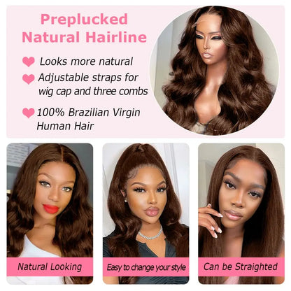 HD Chocolate Brown Body Wave Lace Front Wig Glueless Brazilian Brown 13x4 Lace Frontal Wigs For Women Human Hair Preplucked