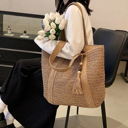 Elegant Ladies Straw Woven Handbag Women Holiday Beach Commute Casual Tote Top-Handle Bags Fashion Retro Shoulder Bags 2024