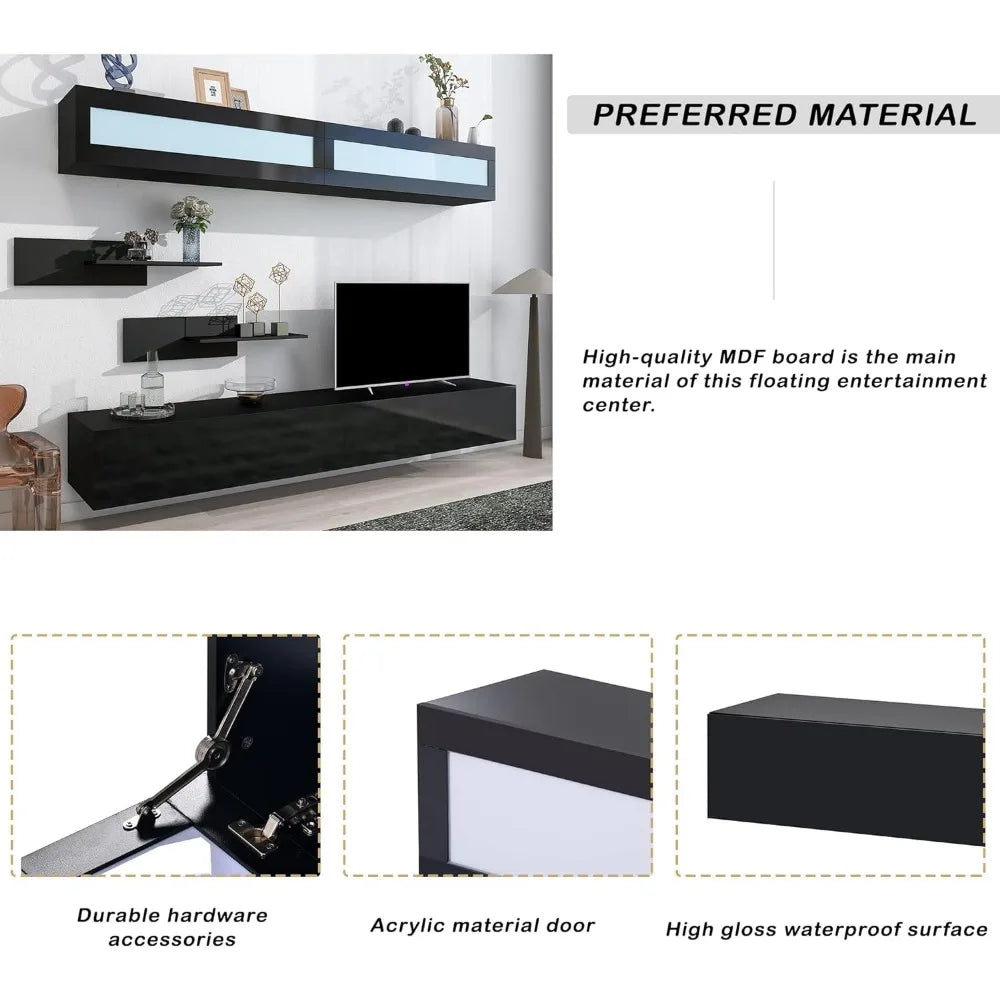 Wall Mount Floating TV Stand with Four Media Storage Cabinets and Two Shelves, 95+ Inch Television, 16-Color RGB LED Lights