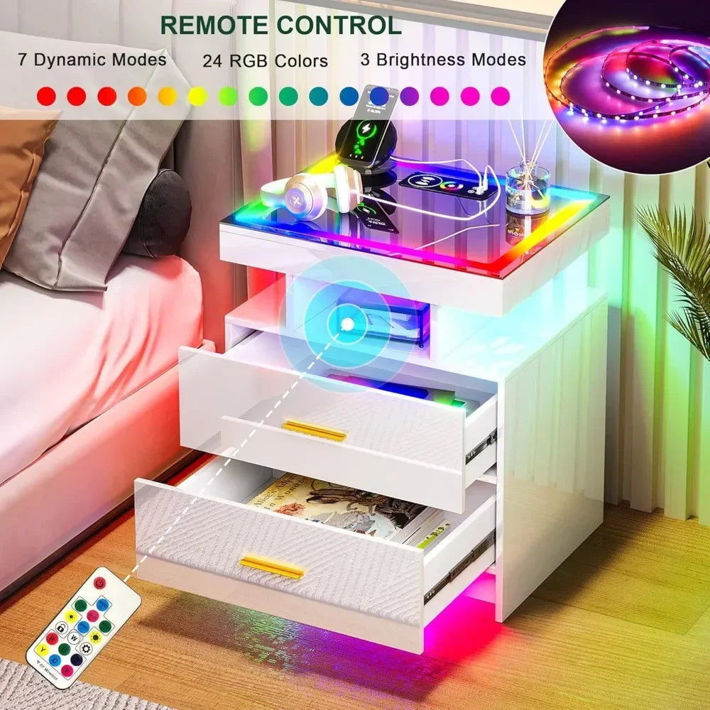 LED Nightstand Set of 2, Modern Bedside Table, Wireless Charging Station, USB Ports, High Gloss Smart Night Stand, RGB