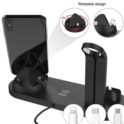 All In 1 Wireless Charger Stand For iPhone 15 14 13 12 11 X Apple Watch Airpods Desk Phone Chargers Fast Charging Dock Station