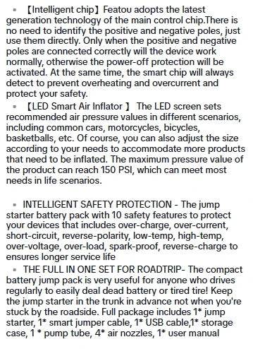 5 in 1 FunctionFeatou portable Jump Starter with Air Compressor, 3000A Peak Jump Starter Battery Pack with Digital Tire Inflator - MarvelouStoree