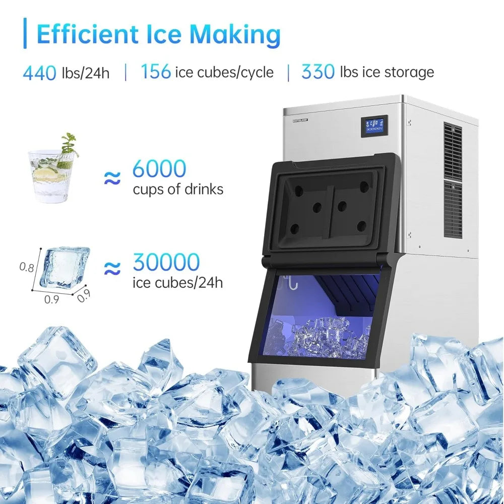 Commercial Ice Maker Machine,Stainless Steel,Automatic Cleaning,Blue Ray,Perfect for Bar or Business,includes Ice Shovel, Hose