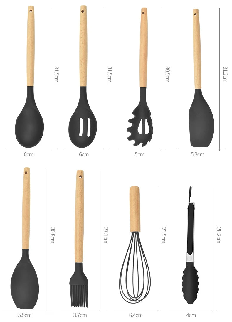 12PCS Silicone Kitchenware Non-Stick Cookware Kitchen Utensils Set Spatula Shovel Egg Beaters Wooden Handle Cooking Tool Set