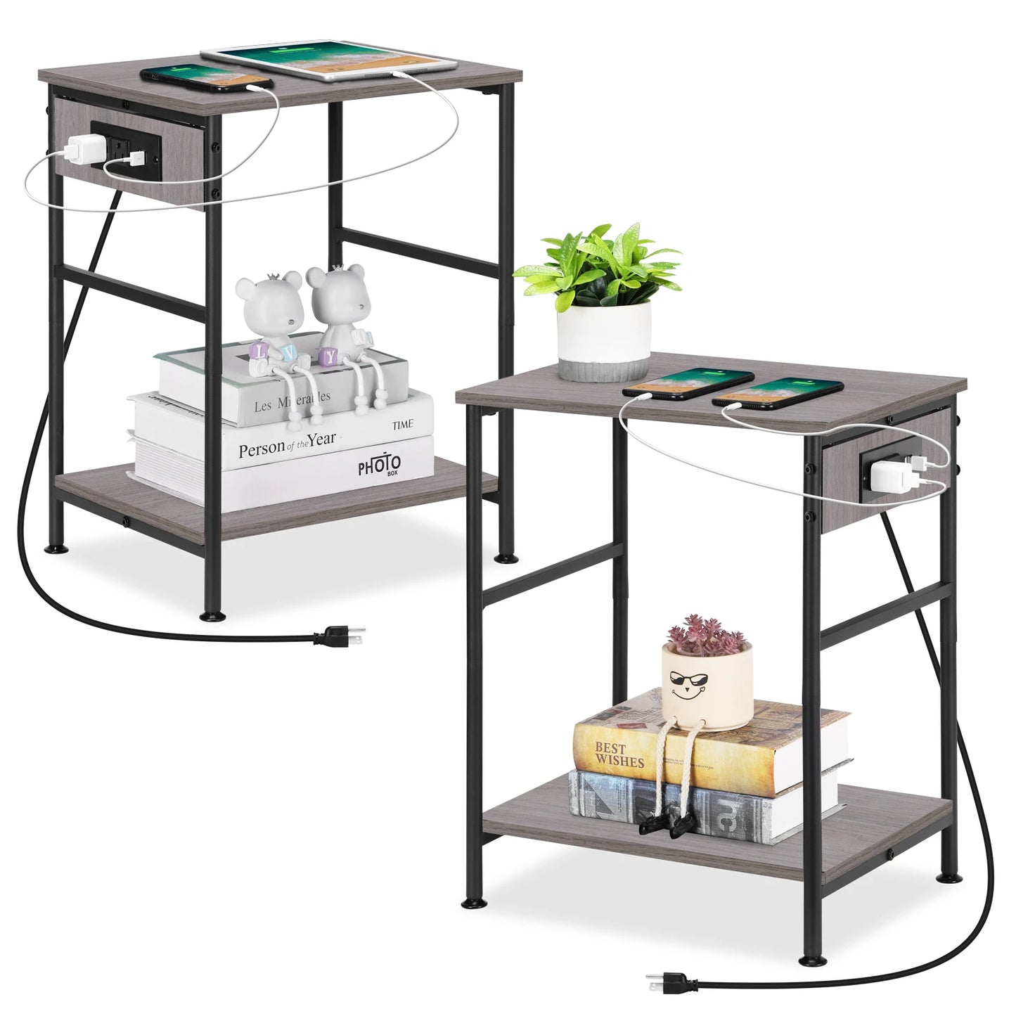 Set of 2 Nightstands with Charging Station, End Table, Sofa Side Table for Bedroom