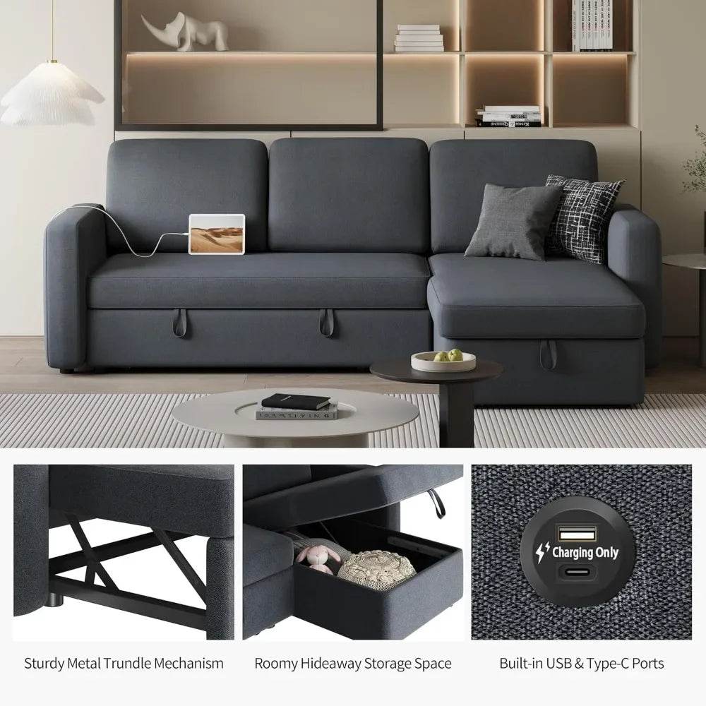 Sectional Sofa L-Shaped Sofa Couch Bed w/Chaise & USB, Reversible Couch Sleeper w/Pull Out Bed & Storage Space, 4-seat Fabric - MarvelouStoree