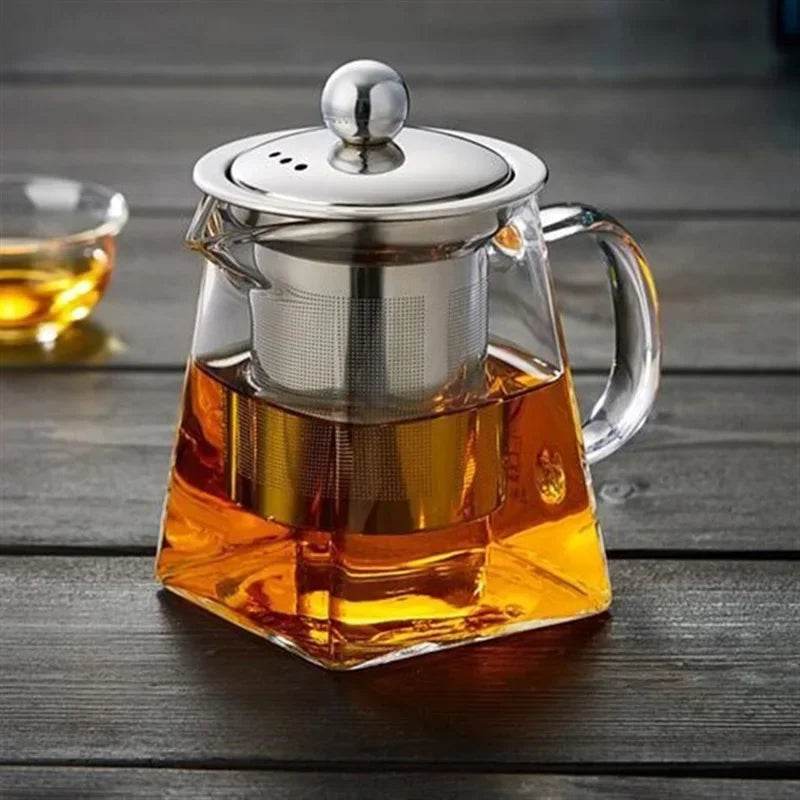 Heat Resistant Glass Teapot With Stainless Steel Coffee Infuser Heated Container Tea Pot Good Clear Kettle Square Filter Baskets - MarvelouStoree