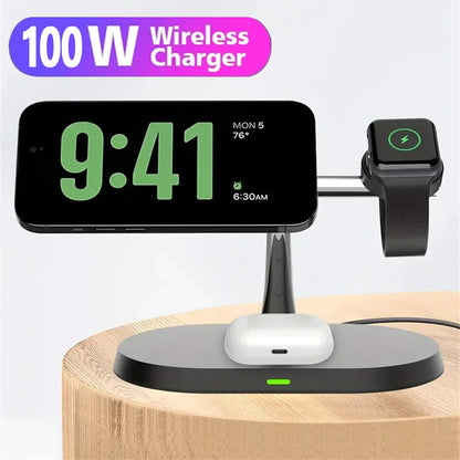 100W 3 in 1 Wireless Charger For iPhone 12 13 14 15 for Magsafe Charger Airpods Pro Apple Watch 9 8 7 6 QI Fast Charging Station