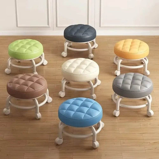 Low Stool with Wheels Waterproof Durable Leather Fabric Portable Small Round Stool Thickening Seat Cushion Simple Soft Stool - MarvelouStoree