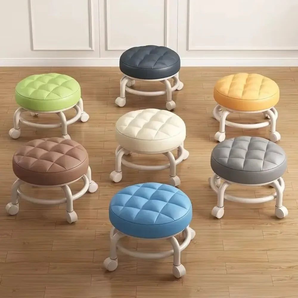 Low Stool with Wheels Waterproof Durable Leather Fabric Portable Small Round Stool Thickening Seat Cushion Simple Soft Stool