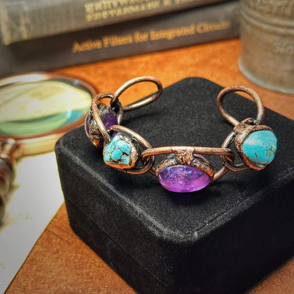 YEEVAA Purple Crystal Amethyst Turquoise Bracelet with Copper Open Bangle, Raw Gemstone Energy Healing Stone Handmade Bangle