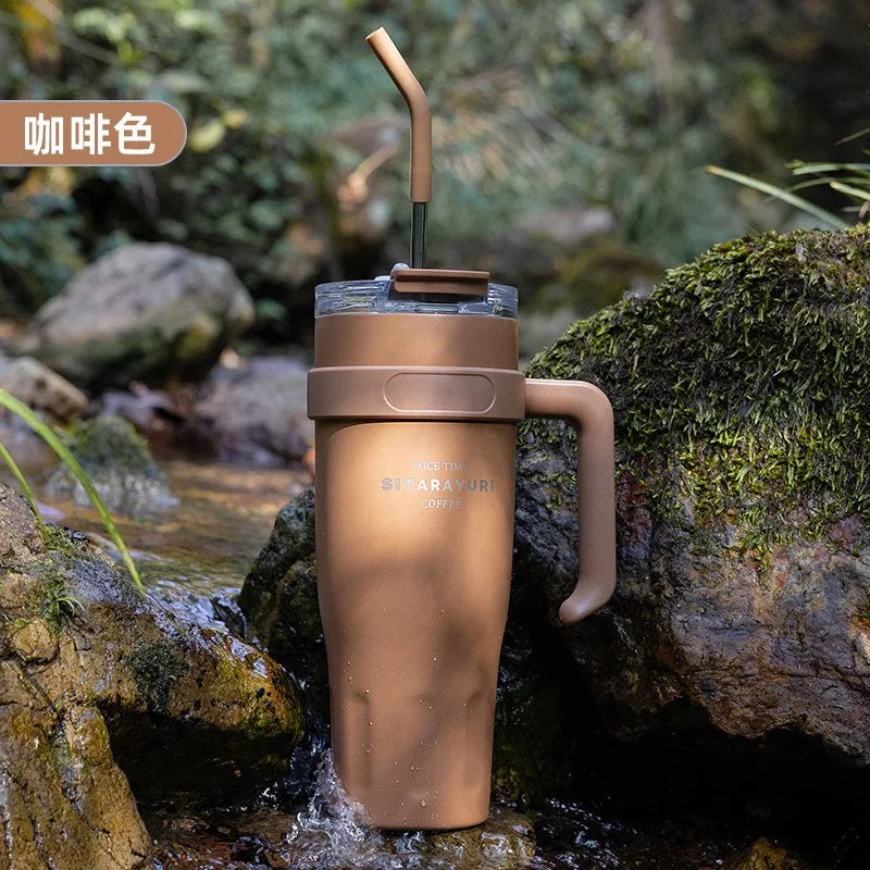 Large Capacity Car Insulated Cup Handle Straw Cup Stainless Steel Office Outdoor Travel Coffee Cup