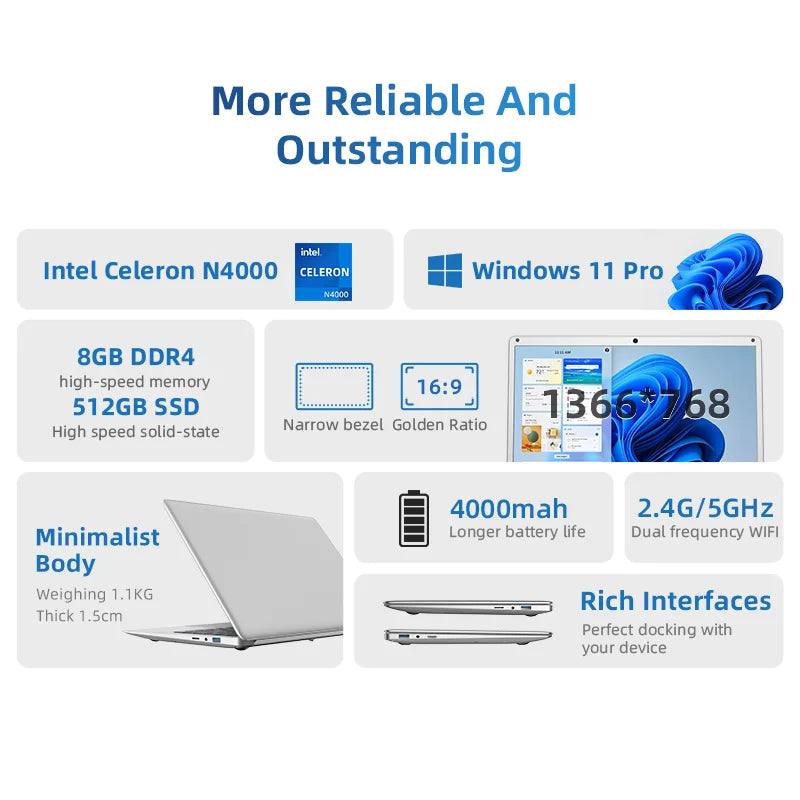 Justthink 14 Inch Lightweight Laptop Intel Celeron N4000 DDR4 8GB RAM 256GB 512GB SSD Windows 11 Adult Office Laptop Computer