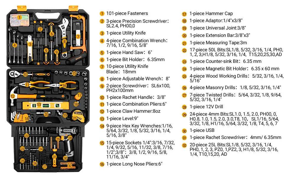 Kit Box Drill Set：Home Mechanic Toolbox with 12V Power Cordless Drill Hand Repair Tools Sets Combo Kits Storage Org - MarvelouStoree