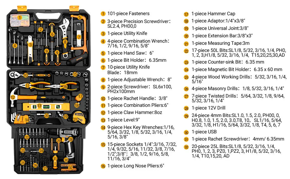 Kit Box Drill Set：Home Mechanic Toolbox with 12V Power Cordless Drill Hand Repair Tools Sets Combo Kits Storage Org