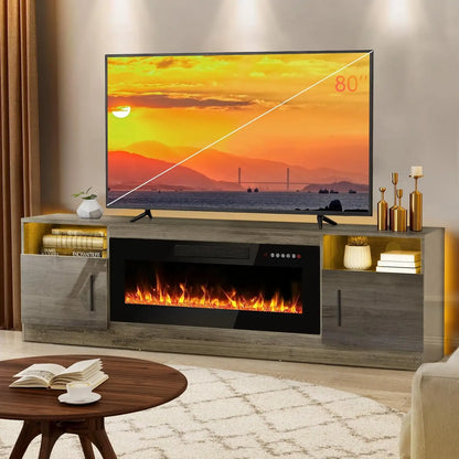 Fireplace tv Stand with 36 inch Fireplace Up to 80" TVs,LED Light Entertainment Center and Storage, 70" Modern Wood Media TV