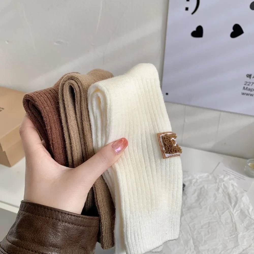 New Middle Tube Mid-Tube Socks Keep Warm Solid Color Snow Boot Socks Heel Furry Label Knitted Ins Women Socks Autumn - MarvelouStoree