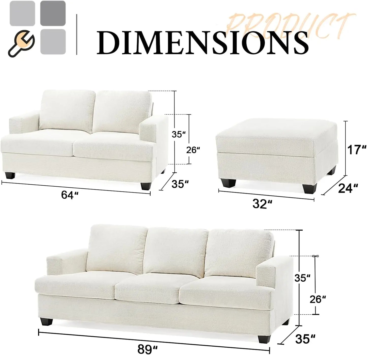 Sofa, Modern Couches with Storage Ottomans,Loveseat Comfy Couches for Living Room, Bedroom and Office (Chenille, Beige)