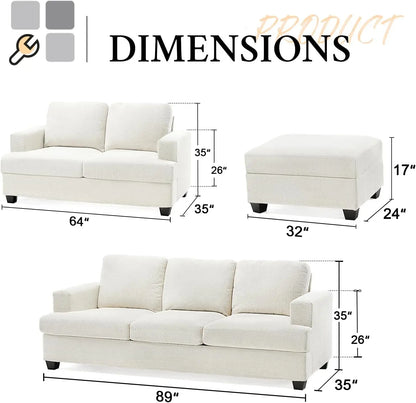 Sofa, Modern Couches with Storage Ottomans,Loveseat Comfy Couches for Living Room, Bedroom and Office (Chenille, Beige)