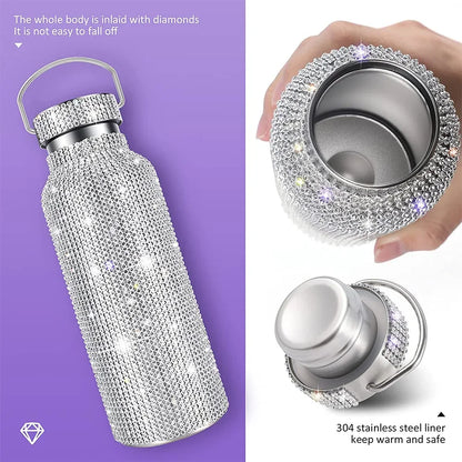 500/750/1000ml Diamond Thermos Bottle With 2pcs Chain Portable Rhinestone Water Bottle Double Wall Stainless Steel Thermal Flask