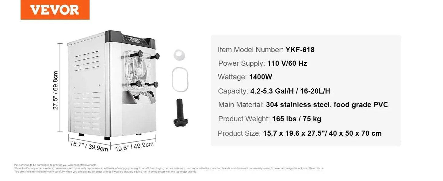 Commercial Ice Cream Machine 1400W 20/5.3 Gph Hard Serve Ice Cream Maker with LED Display Screen Auto Shut-Off Timer - MarvelouStoree