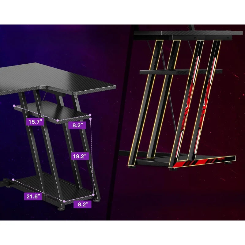 L Shaped Gaming Computer Desk with Storage Rack,Gaming Table with Monitor Stand,PC Gaming table,with Carbon Fiber Texture,Black