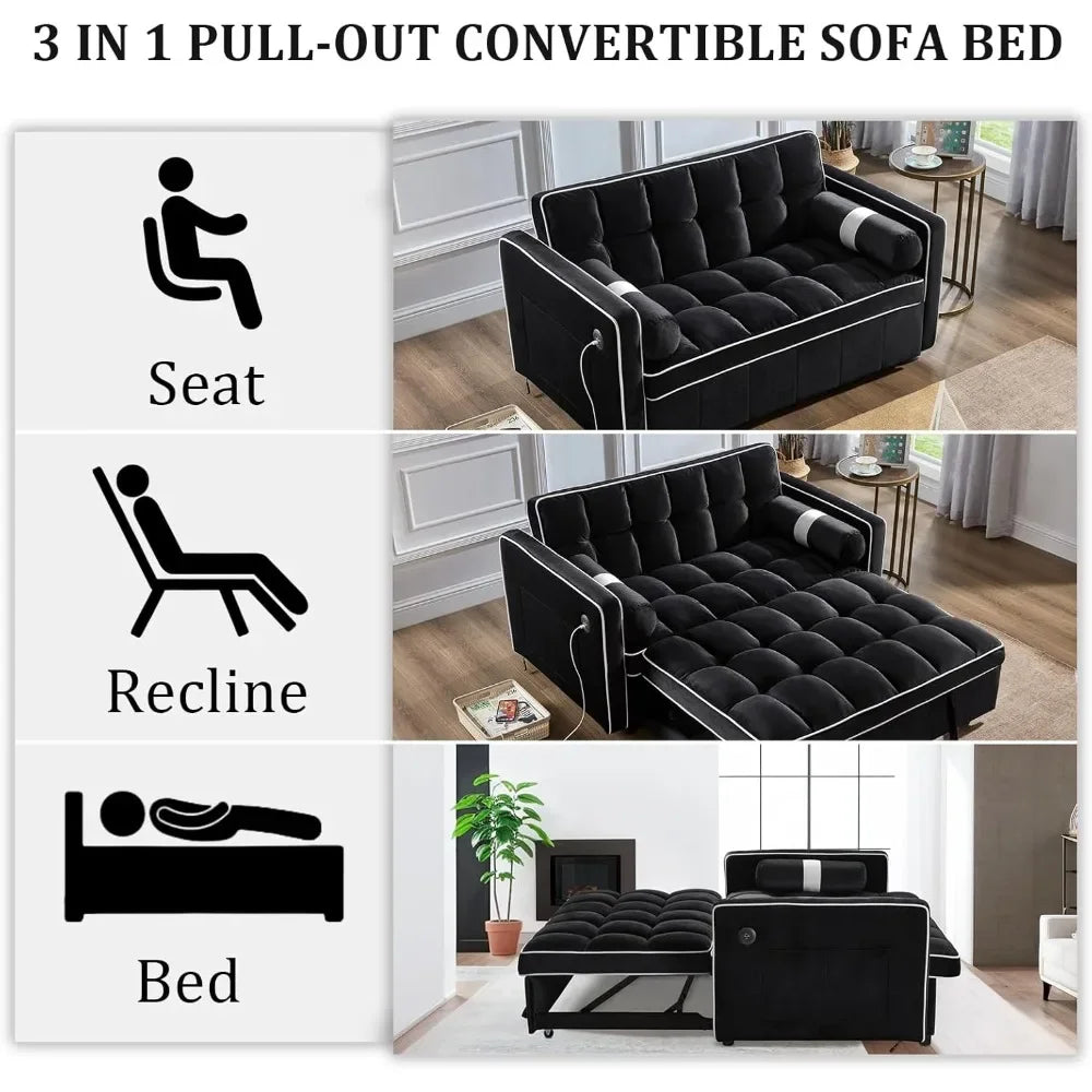 3 in 1 Pull Out Convertible Sofa Bed with USB Ports - 55" Modern Velvet Sleeper Sofa with 3 Level Adjustable Backrest, Loveseat